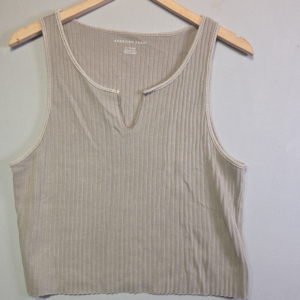 American Eagle Ribbed Tank Top XL Beige Notch Neck Sleeveless Stretch Casual